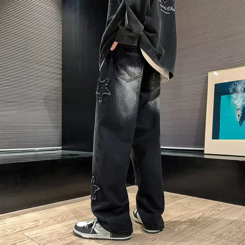 Stars Patchwork Men Jeans New Fashion Y2K Tassel Pants Korea Clothes Straight Hip Hop Splicing Trousers Male Streetwear