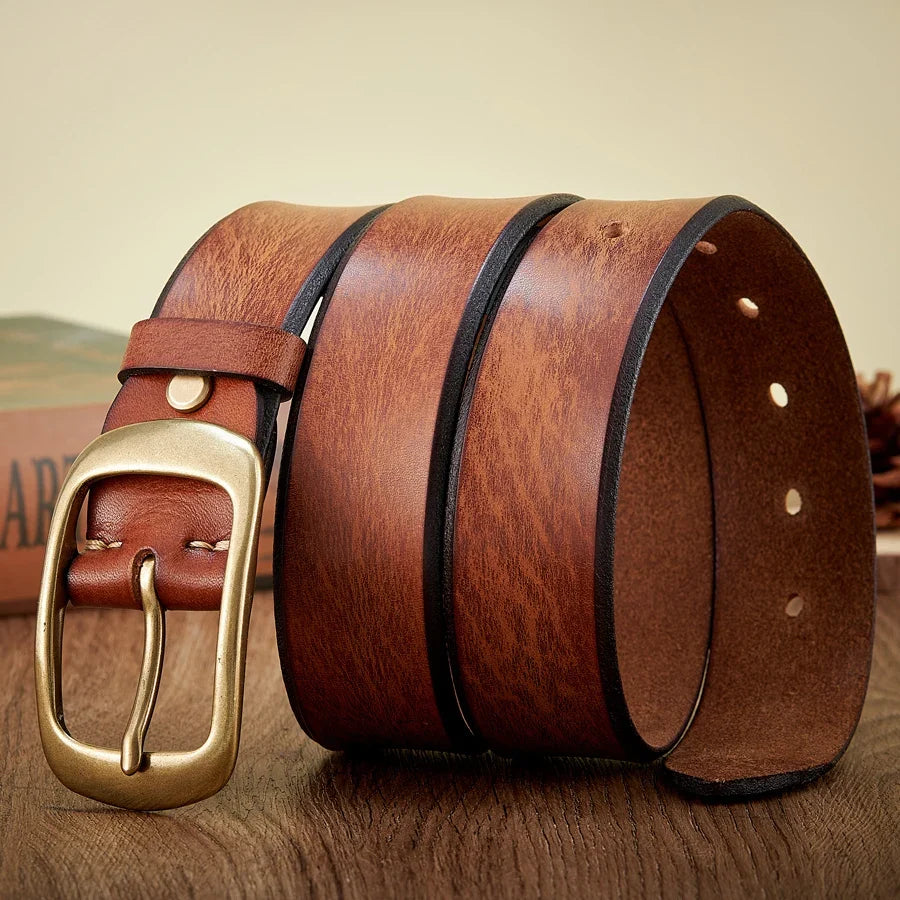 3.8 CM High Quality Pure Cowhide Thick Real Genuine Leather Men's Fashion Brass Buckle Belts Luxury Brand Jeans Belts for Men