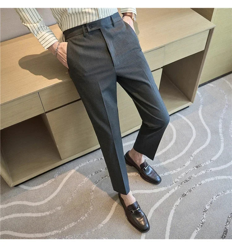 British Style Pinstripe Slim Fit Suit Pant Men Business Casual Simple Dress Pants High Quality Social Wedding Party Trousers