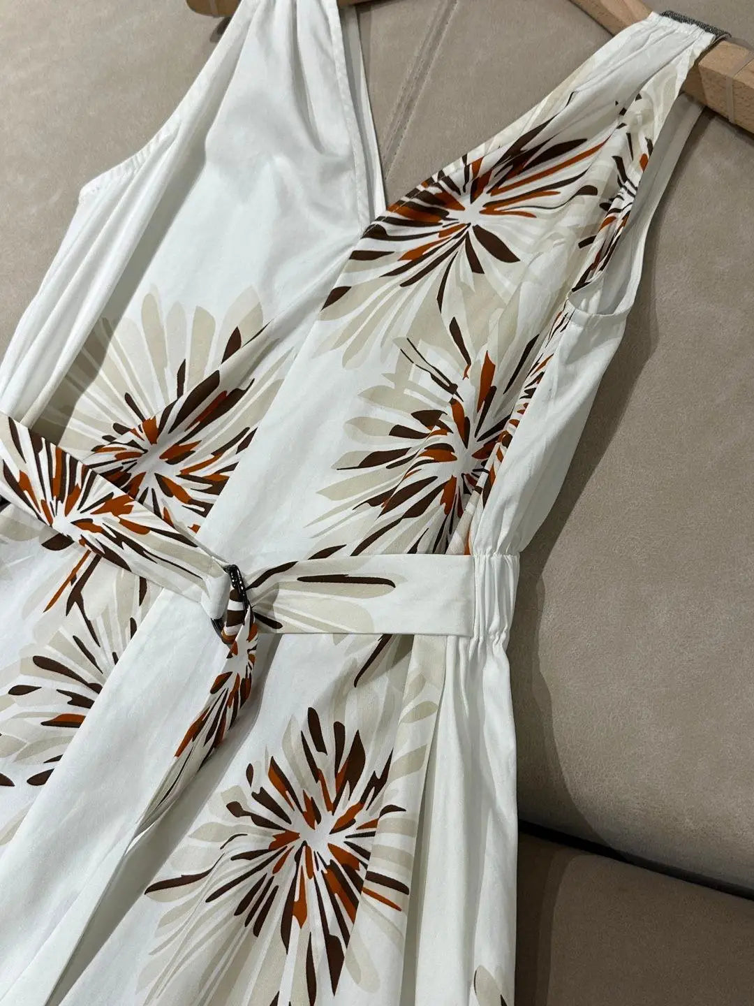 V-Neck Cinched Waist Dual Color Printed Sleeveless 100% Cotton Romantic Dress