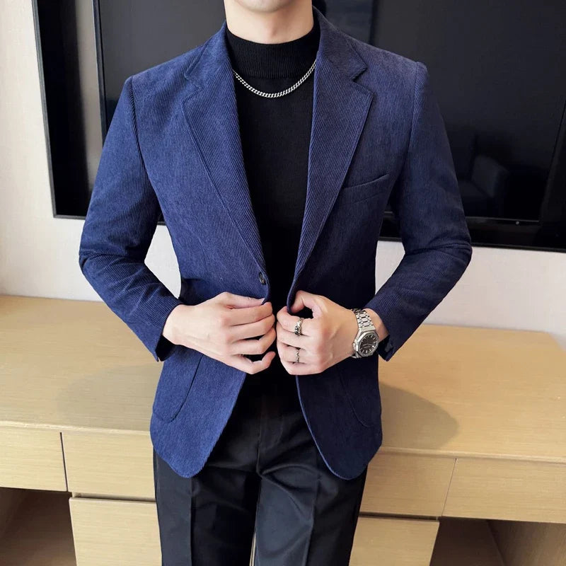 2026 Spring/Fall Men's Blue Suit Jacket, Black Long-Sleeve V-Neck Single-Breasted Formal Coats, Asian Fit Slim Cut.