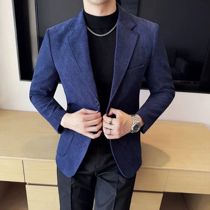 2026 Spring/Fall Men's Blue Suit Jacket, Black Long-Sleeve V-Neck Single-Breasted Formal Coats, Asian Fit Slim Cut.