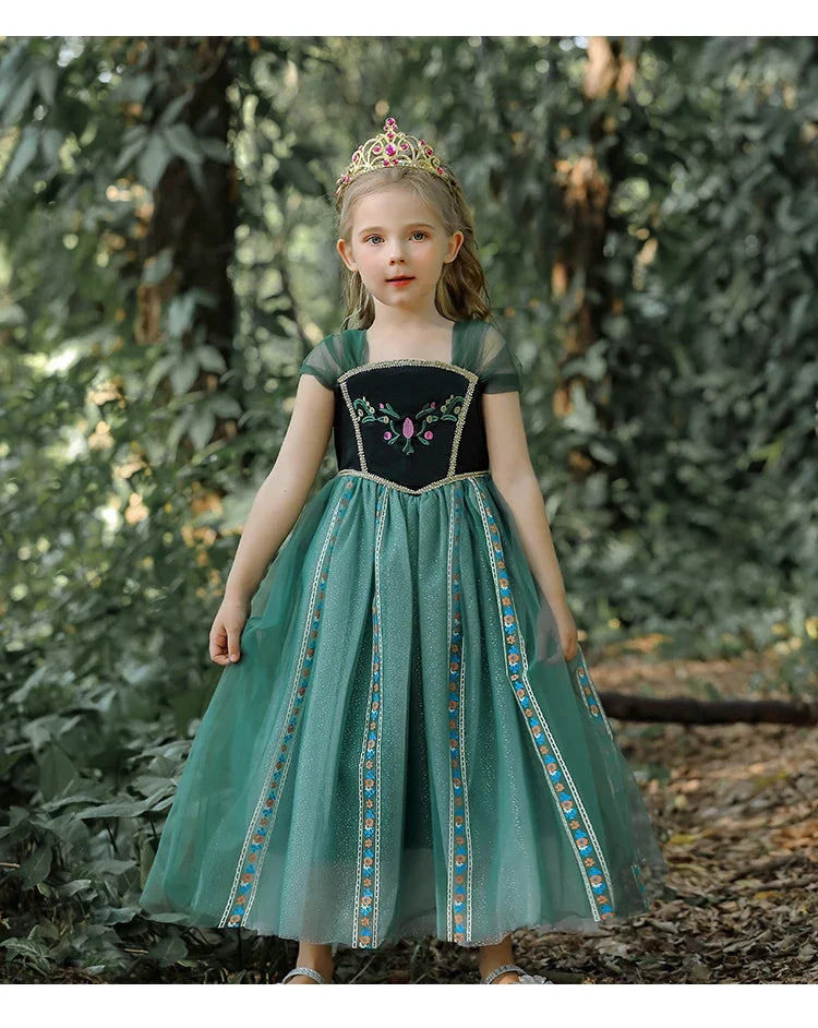 Girls' Summer Anna Frozen Baby Dress Child Green Dress Up Halloween Costume for Kids Princess Party Cosplay Dresses 2 to 8 Years