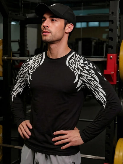 American Trend Men's Solid Color Elastic Comfortable Long Sleeve Tight Spring Autumn Sports Fitness Print Body Suit