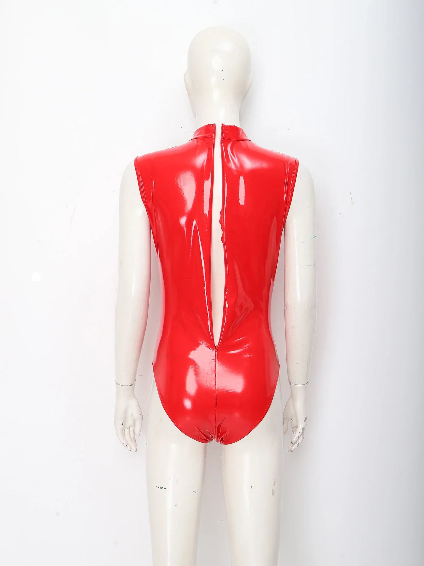 Womens Patent Leather Bodysuit Jumpsuit Sleeveless Invisible Zipper Back Mesh Patchwork Shiny Leotard for Disco Party Clubwear