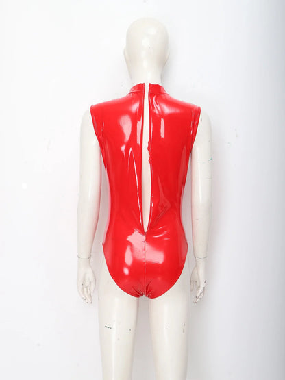 Womens Patent Leather Bodysuit Jumpsuit Sleeveless Invisible Zipper Back Mesh Patchwork Shiny Leotard for Disco Party Clubwear
