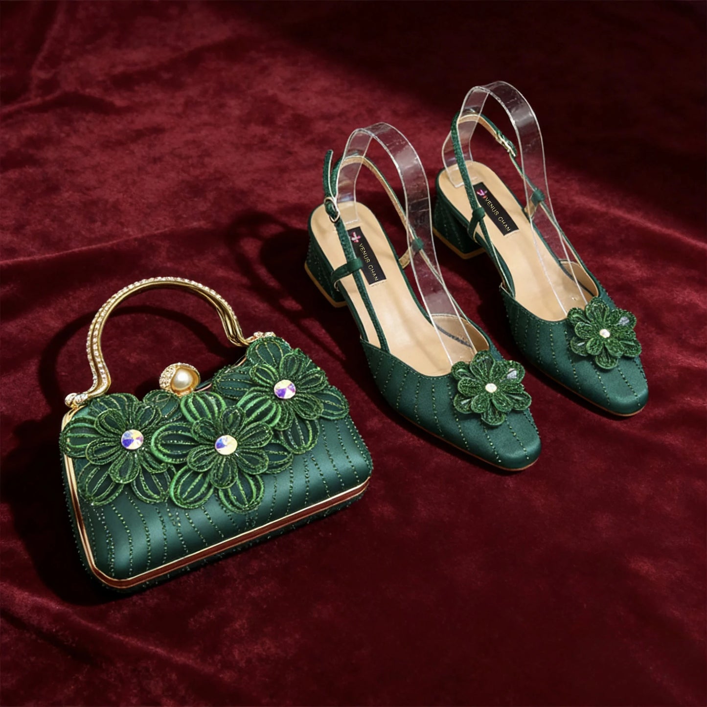Party Shoes and Bag Ladies Heel Decoration Pure Elegant Flower Wedding Shoes and Bag Full Rhinestone Fashion Handbag