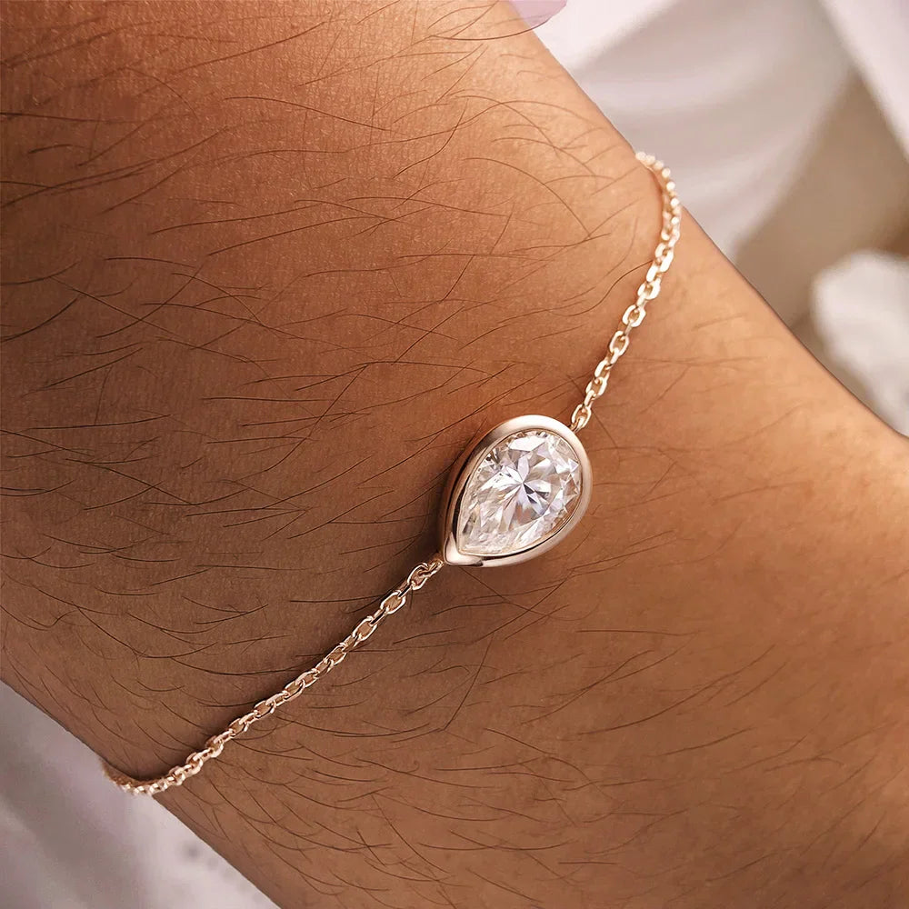 1/2CT Bezel Set Pear Oval Cut Moissanite Solitaire Link Bracelet Women S925 Silver Dainty Diamond Bridal Wrist Chain Gift