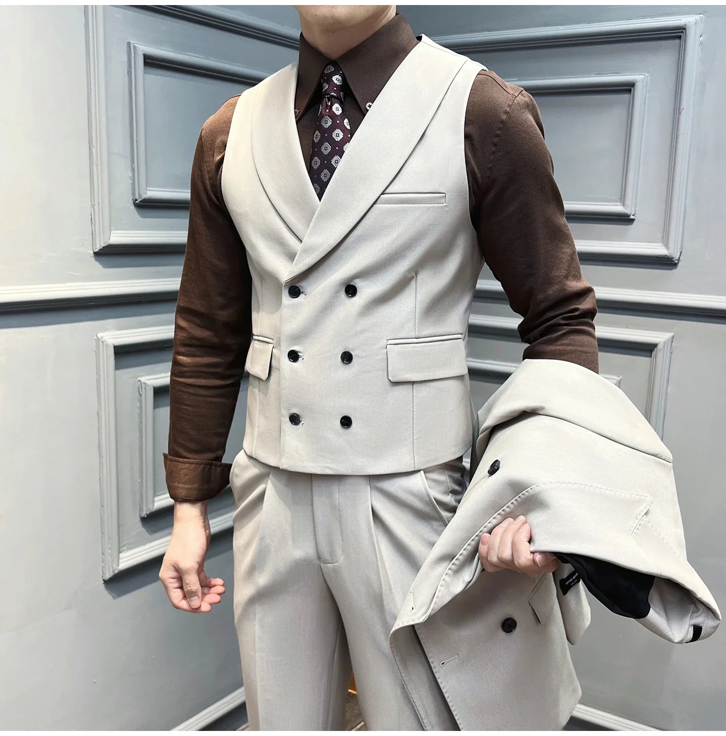 ( Vest + Pants) High-end Brand Solid Color Suit Vest 2 pieces Men Luxury Double Breasted Design Fashion Vest Set Club Clothing