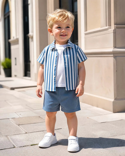2pcs Summer Boys Blue & White Striped Shirt Set, Soft Style, Daily/Party Wear, Suitable for 1‑4Y, Breathable Fabric