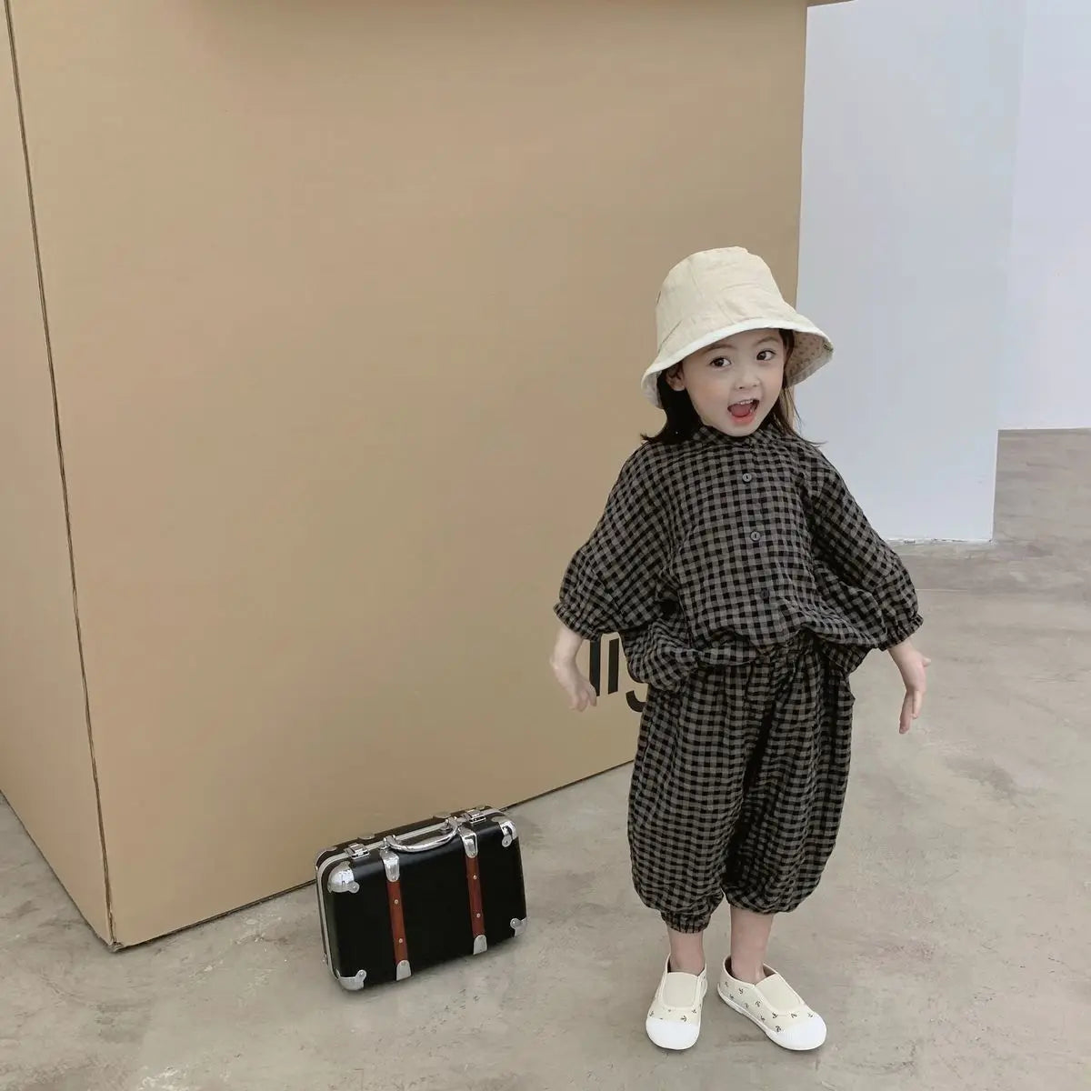 Kid Girls Korean Style Cotton Linen Suits Spring Autumn 2026 New Summer Baby Girl Fashion Casual Plaid 7-point Sleeve 2pcs Sets