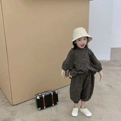 Kid Girls Korean Style Cotton Linen Suits Spring Autumn 2026 New Summer Baby Girl Fashion Casual Plaid 7-point Sleeve 2pcs Sets