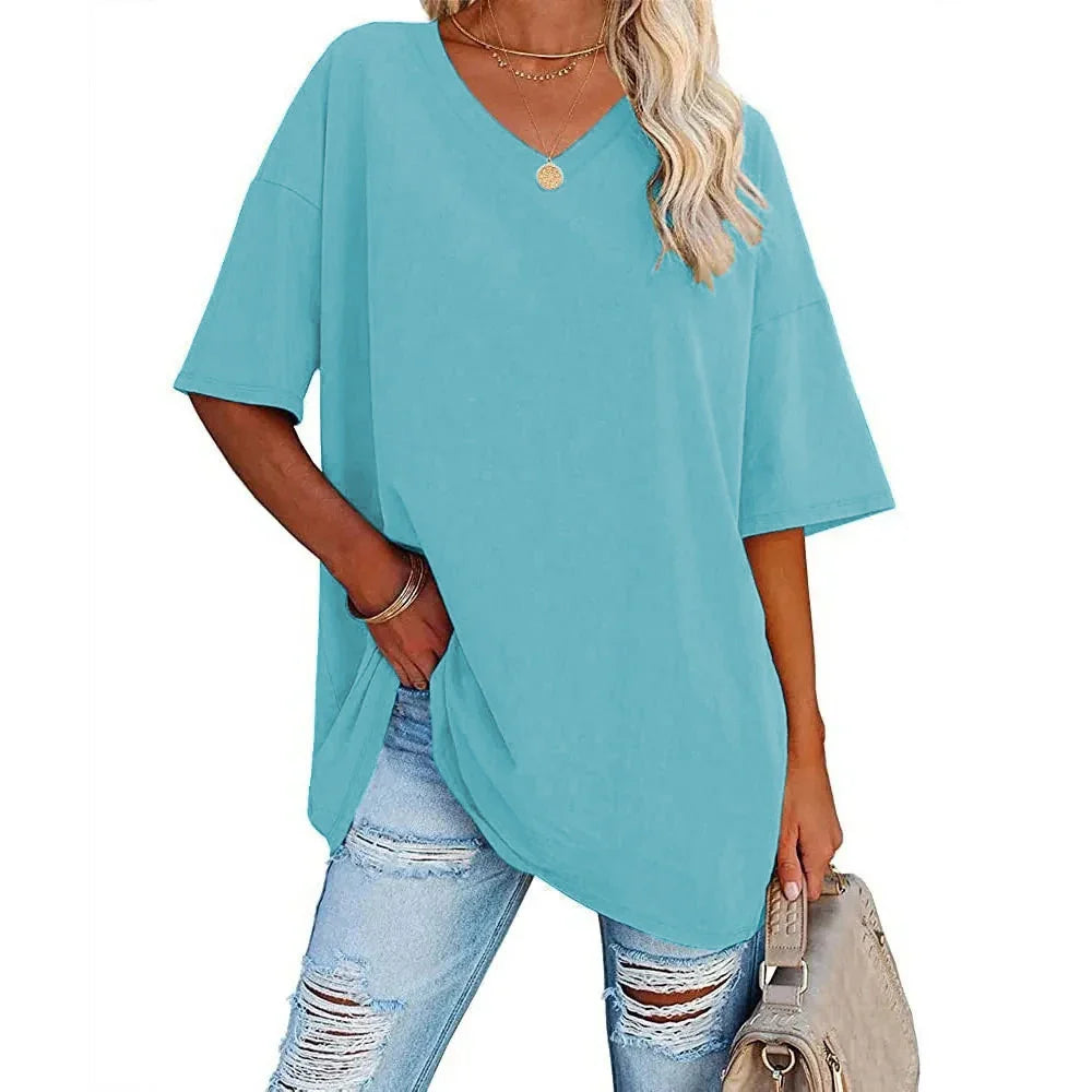 Women's Loose V-Neck Top Spring/Summer New Color Half Sleeve European American Style Clothing Amazon Foreign Trade