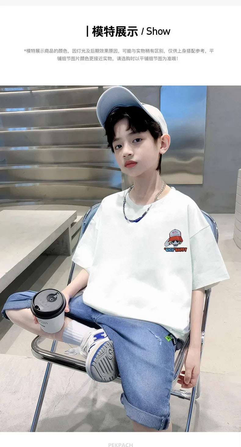 Teens Boy New Summer Clothing Set Cartoon Outfit Children Casual Short Sleeve T-shirt + Denim Shorts 2 Pieces Clothes Tracksuit