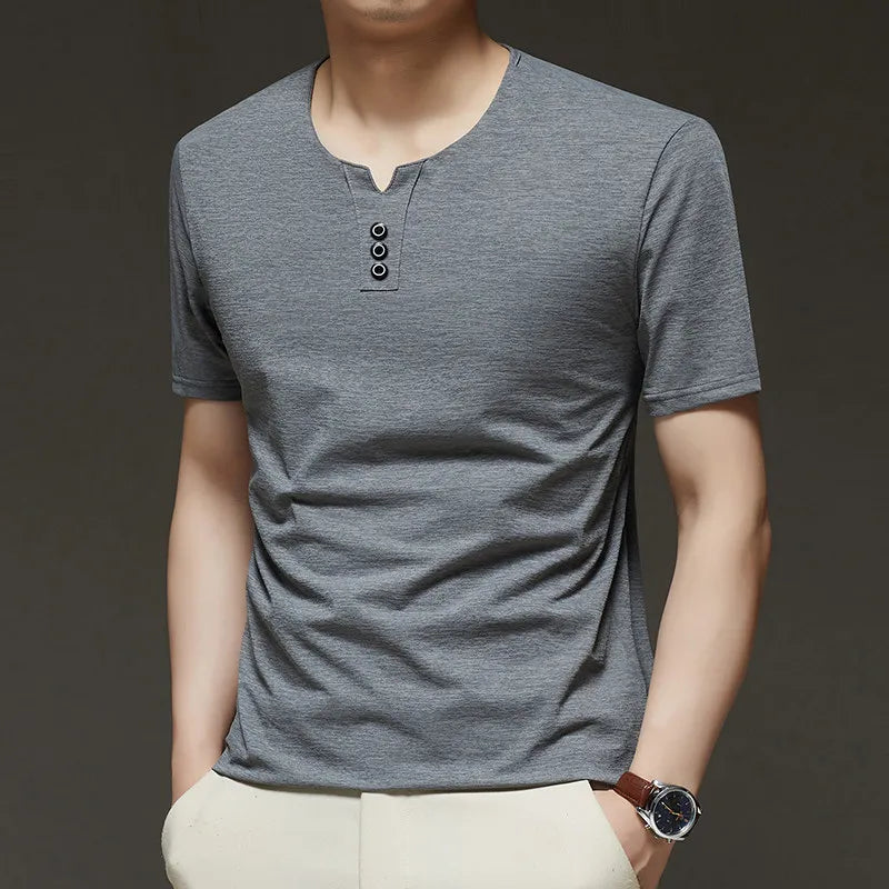 2026 New Men's Business Casual Three Button V-neck Short Sleeved T-shirt Korean Style Summer Comfortable Versatile Top