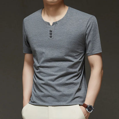 2026 New Men's Business Casual Three Button V-neck Short Sleeved T-shirt Korean Style Summer Comfortable Versatile Top