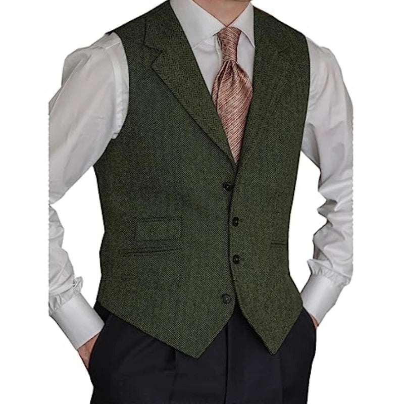 Men Vest Brown Classic Herringbone Pattern Suit Vest Notch Lapel Waistcoat Slim Formal For Wedding Groomsmen Banquet Men Suit