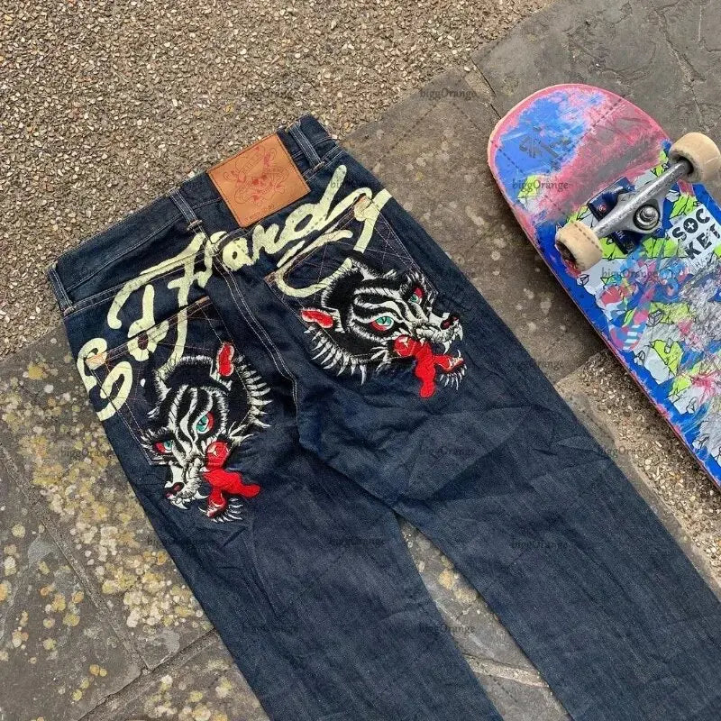 Mens Jeans Streetwear Y2K Vintage Straight Leg Denim Pants Skull Rose Flame Print Design Loose Fit Retro Punk Hip Hop Fashion