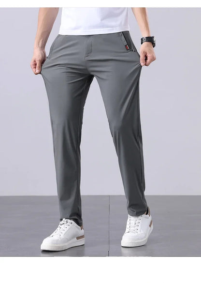 Korean Y2K Summer New Men's Ice Silk Pants All Match Elastic Sweatpants Office Business Casual Fashion Straight Suit Trousers