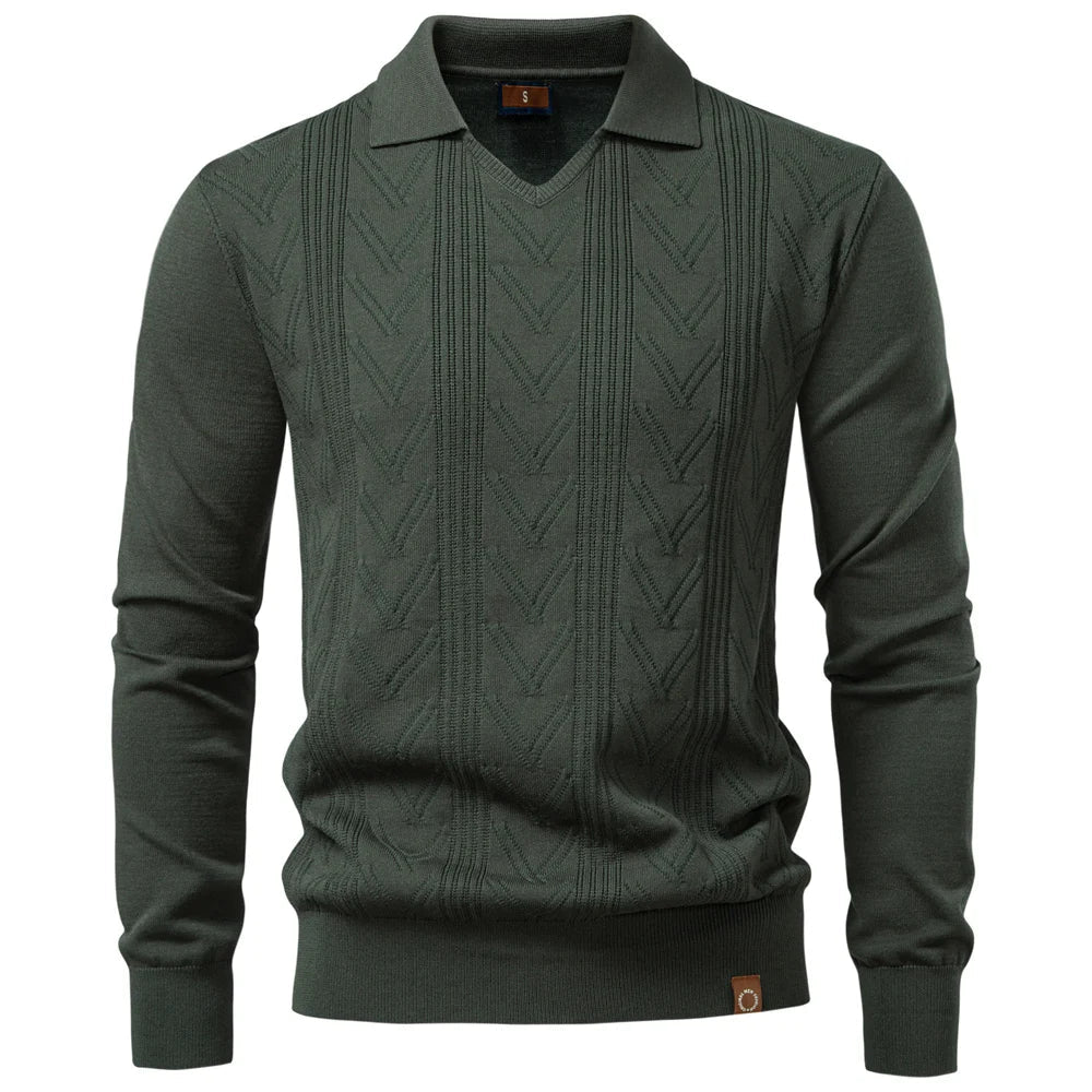 2025 Modern V-neck Polo Men Solid Color Long Sleeve Fashion Forward Cut Luxury Business Social Premium Sweaters Male