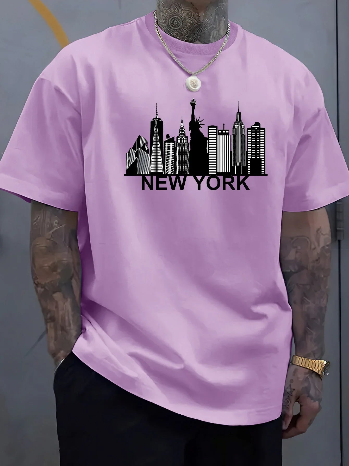 100% pure cotton men's New York city pattern printed fashionable casual loose sports round neck short sleeved T-shirt top