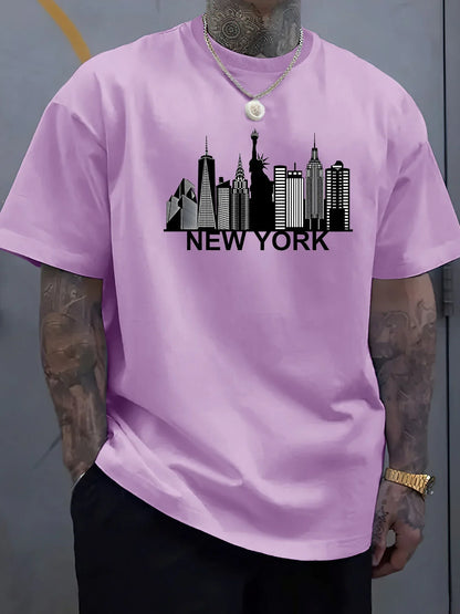 100% pure cotton men's New York city pattern printed fashionable casual loose sports round neck short sleeved T-shirt top