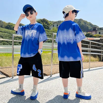 Summer Boys Cotton Alphabet Tie Dye t-Shirt Tops+Sweat Shorts Pant School Kids Tracksuit Child 2PCS Outfit Workout Set 5-16Years