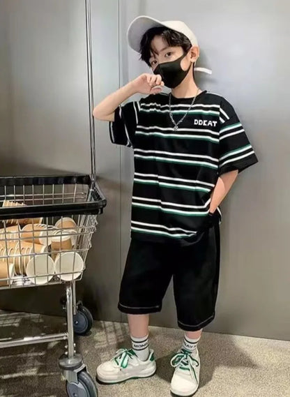 Striped Short-sleeved Shirt Boy Outfit 2025 Children's Clothing Toddler Cartoon Fashion Boys Set Kids Sweatshirt Summer Suit Top