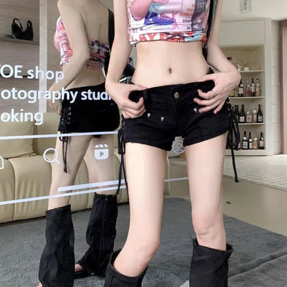 Black Gothic Punk Denim Shorts for Women Creativity Lace-Up Popular Y2K Cowboy Short Pants Lady Sexy Skinny Elastic Jean Shorts