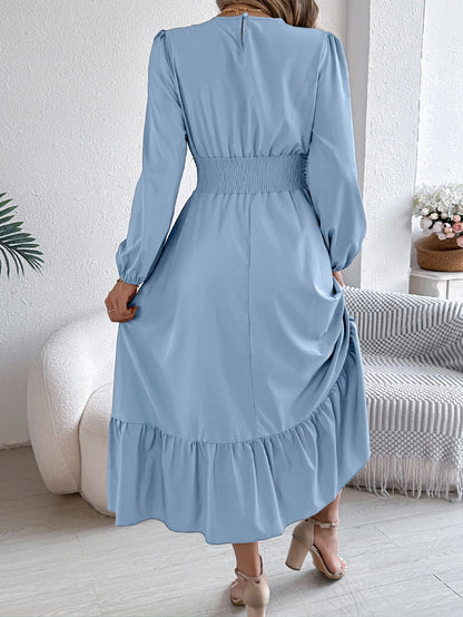 Autumn and Winter Casual Elegant Solid Color Round Neck Long Sleeved Waist Cinched Lotus Leaf Edge Dress Women Clothing