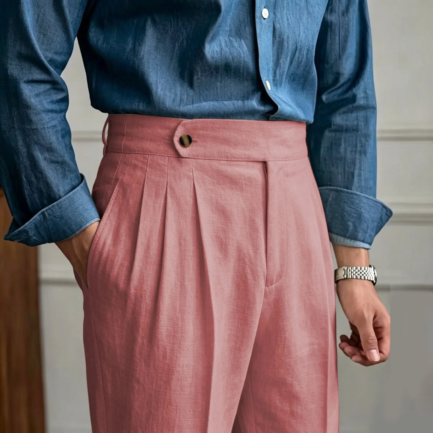 Classics Italian Naples Style Linen Men Suit Trousers Summer Trendy High Waist Pants Male Business Office Pleated Streetwear