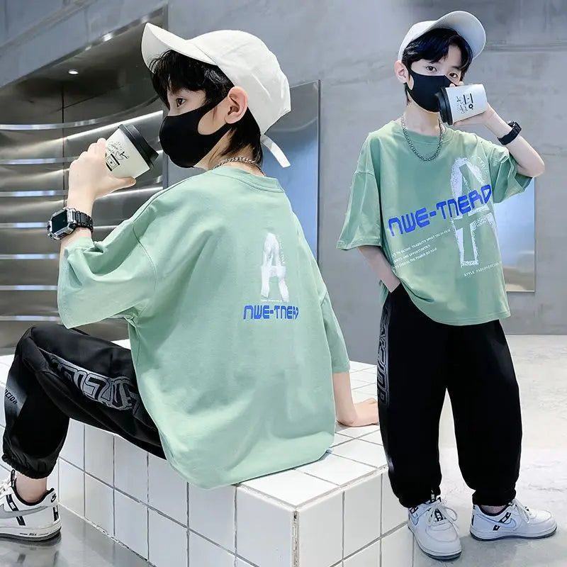 Summer Boys Cotton Loose Alphabet T-Shirt Tops+Sweatpant Workout Set School Kids 2PCS Tracksuit Children Jogger Outfits 5-16 Yr