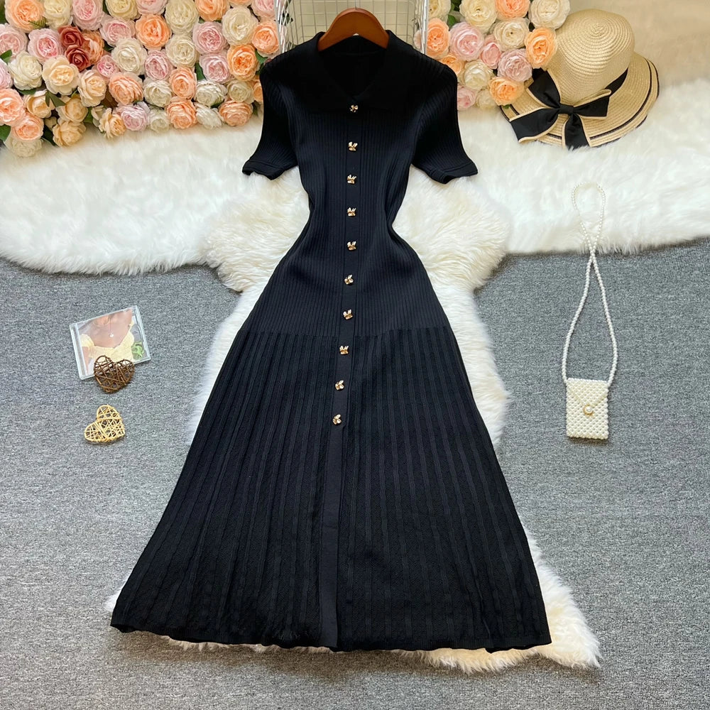 Brand Fashion Elegant Patchwork Knitted Long Dress Spring Summer Women Luxury Shirt Sweater Dress Lady Party Vestido