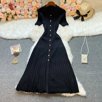Brand Fashion Elegant Patchwork Knitted Long Dress Spring Summer Women Luxury Shirt Sweater Dress Lady Party Vestido