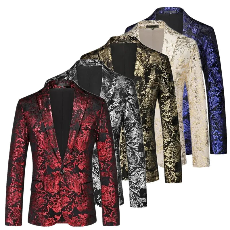 New Men Luxury Velvet Suit Foil Stamped Printed Jacket , Fashion Male Business Social Wedding Prom Party Dress Slim Fit Blazers
