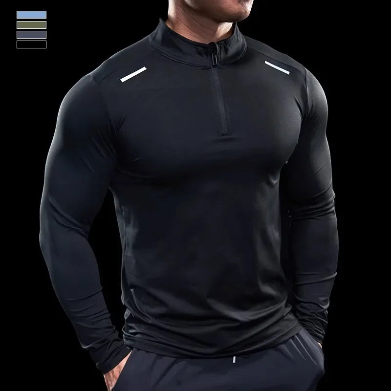 Men Stand Collar Zipper T-shirt Gym Running Training Fitness Bodybuilding Sport Top Quality Elastic Long Sleeve Tight Tops Tees