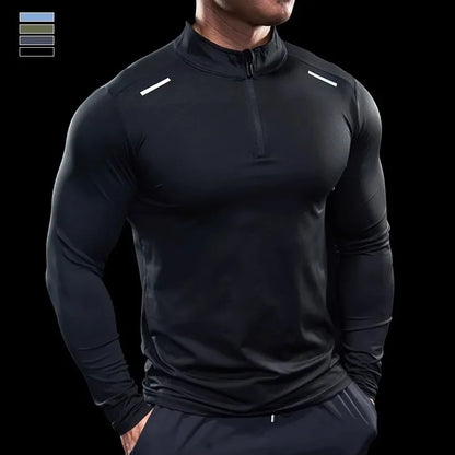 Men Stand Collar Zipper T-shirt Gym Running Training Fitness Bodybuilding Sport Top Quality Elastic Long Sleeve Tight Tops Tees