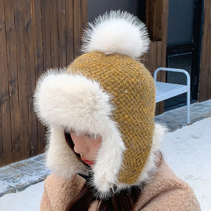 Russian Hat Ushanka Thick Warm Fluffy Fur Hat Women Snow Ski Earflap Cap Female Knitted Hat Skullies Beanies Bomber Hats