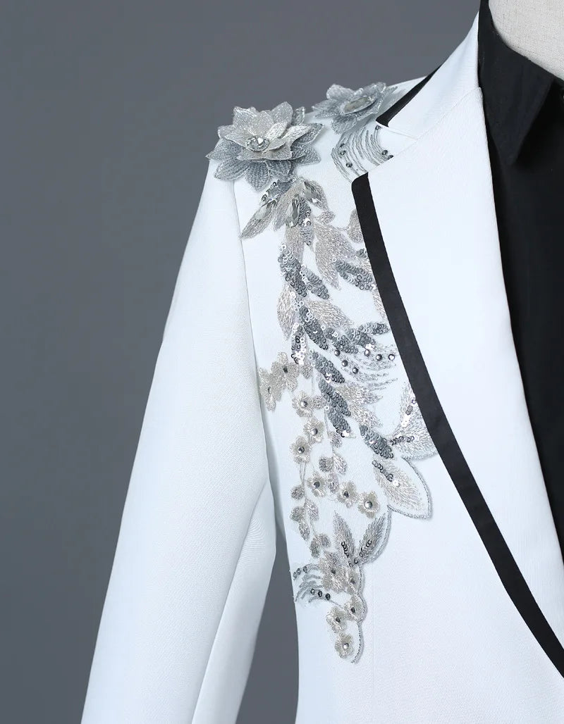 New Men Luxury Decal Suits Black / Red / Blue / White Fashion Singer Host Stage Performance Splicing Flower Blazers and Pants