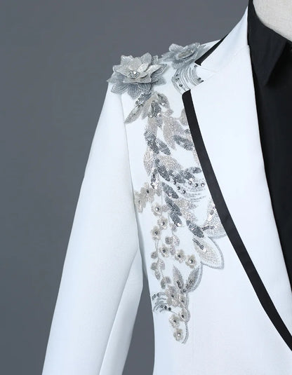 New Men Luxury Decal Suits Black / Red / Blue / White Fashion Singer Host Stage Performance Splicing Flower Blazers and Pants