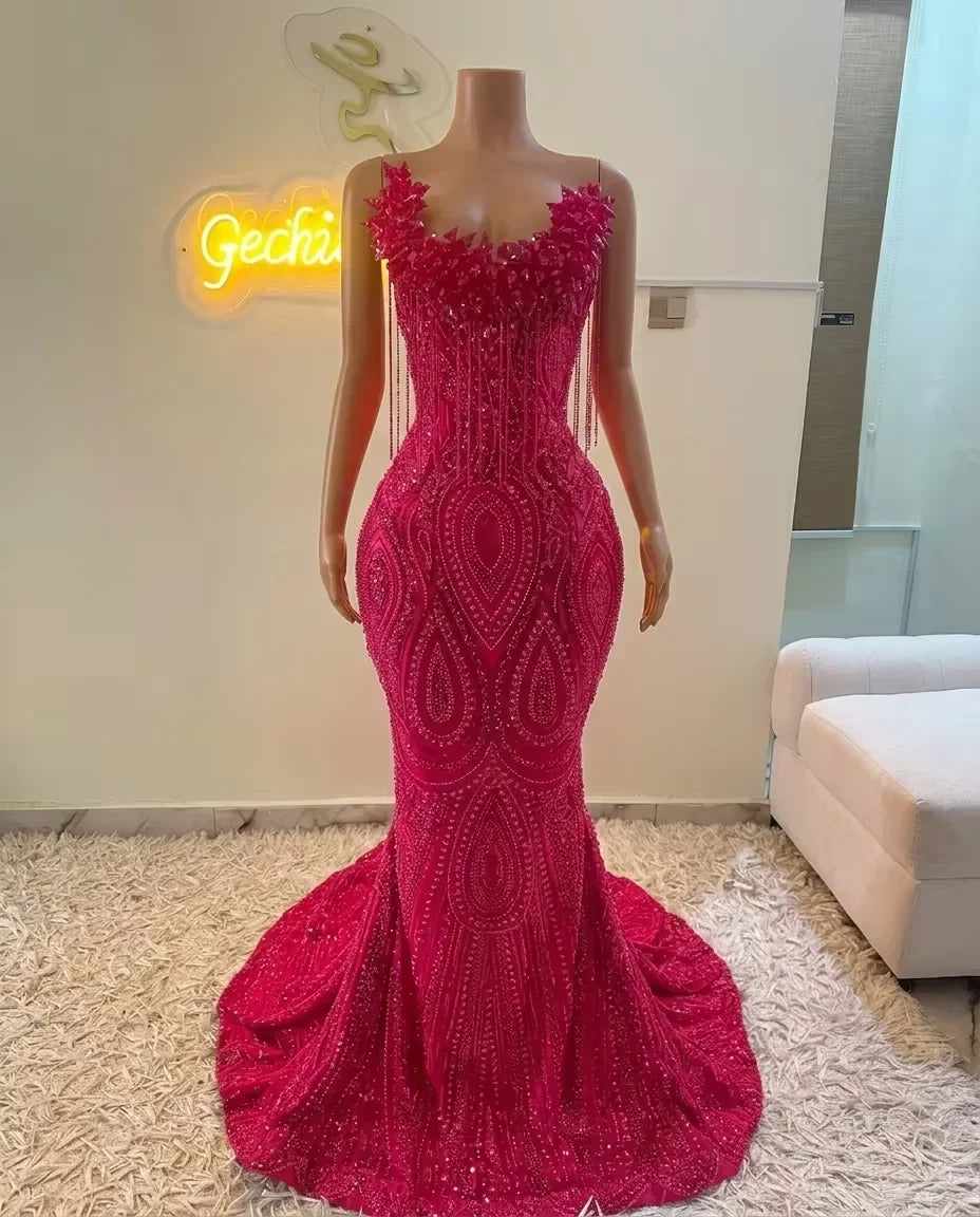 Red Diamonds Luxury Women's Evening Dresses 2026 With Veil Beading Crystals Tassels Formal Prom Dress Wedding Party Customized