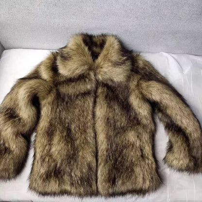 Winter Short Thick Warm Hairy Shaggy Faux Raccoon Fur Coat Men Long Sleeve High Quality Luxury Fluffy Jacket 2023