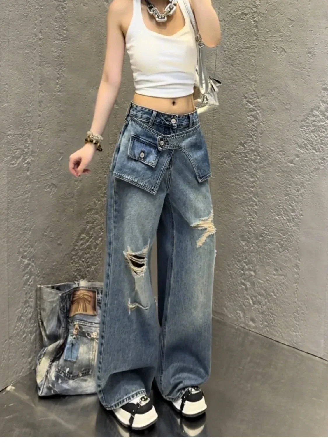 Streetwear Harajuku Jeans for Women Pantalones Vaqueros Mujer Chic Fake Two Denim Trousers Casual Straight Y2k Wide Leg Pants