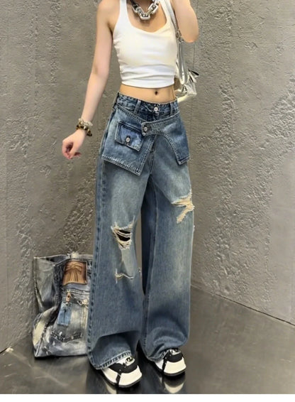 Streetwear Harajuku Jeans for Women Pantalones Vaqueros Mujer Chic Fake Two Denim Trousers Casual Straight Y2k Wide Leg Pants