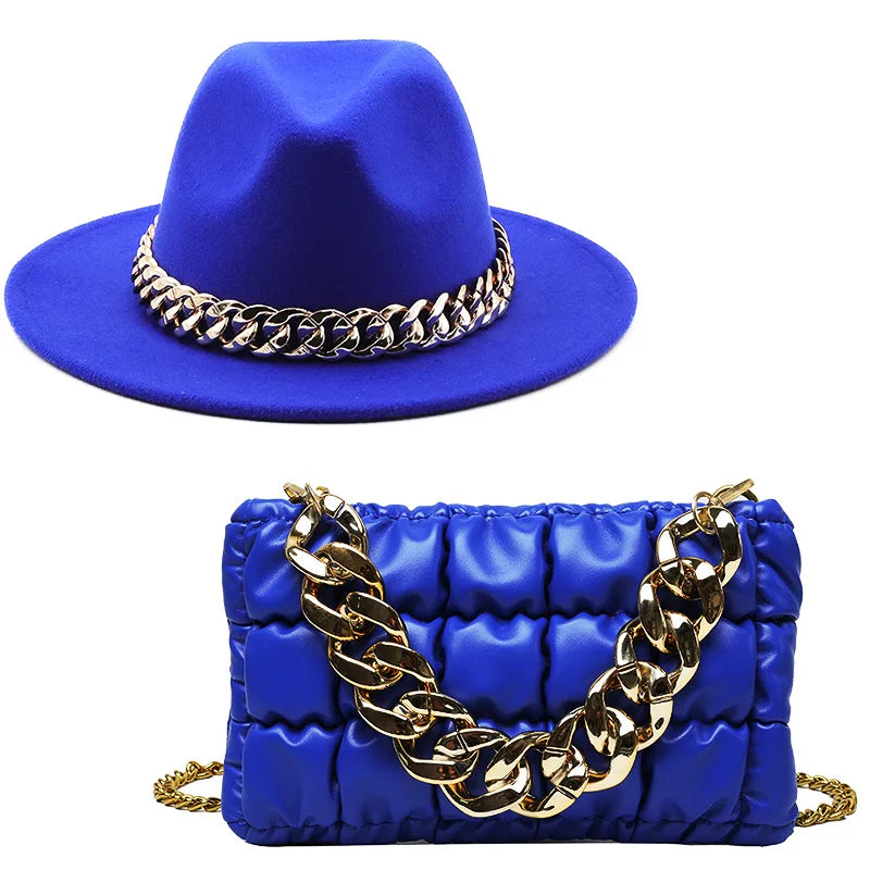 Hat For Women Autumn Winter New Party Jazz Fedora Hats With Fashion Luxury Oversized Chain Accessory Bag Two-piece Set