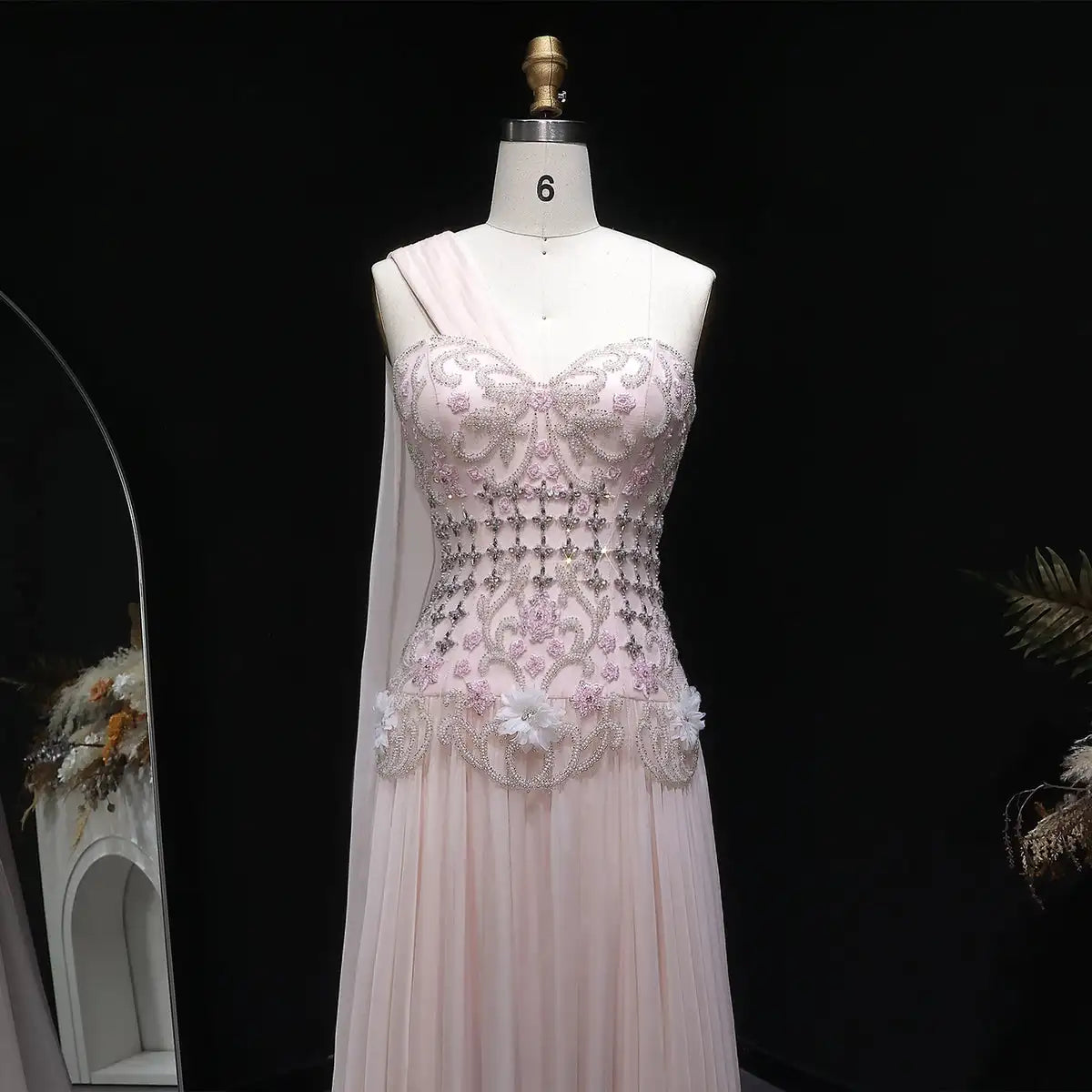 Customized Celebrity Evening Dresses Pink Sleevesless Prom Dresses High Neck Pleated Beadings Ankle Length Party Dresses