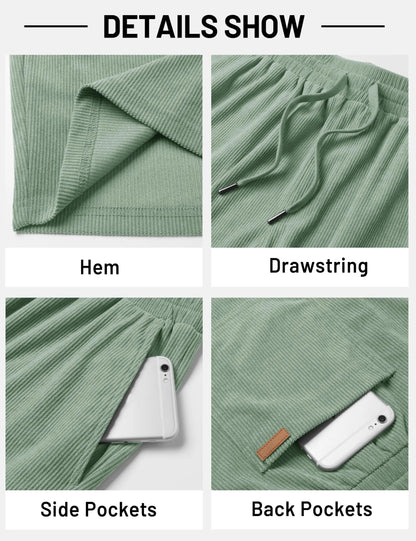 Men's Corduroy Texture Casual Shorts 6" Inseam for Summer Beach Vacation Elastic Waist Drawstring Lightweight Pockets