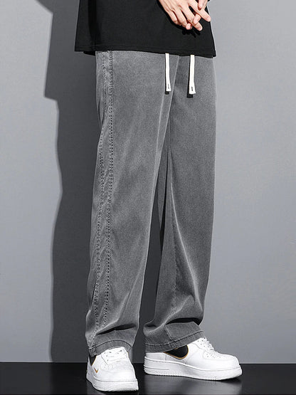 Summer Soft Lyocell Fabric Men's Jeans Thin Loose Straight Pants Drawstring Elastic Waist Korea Casual Trousers Plus Size M-5XL