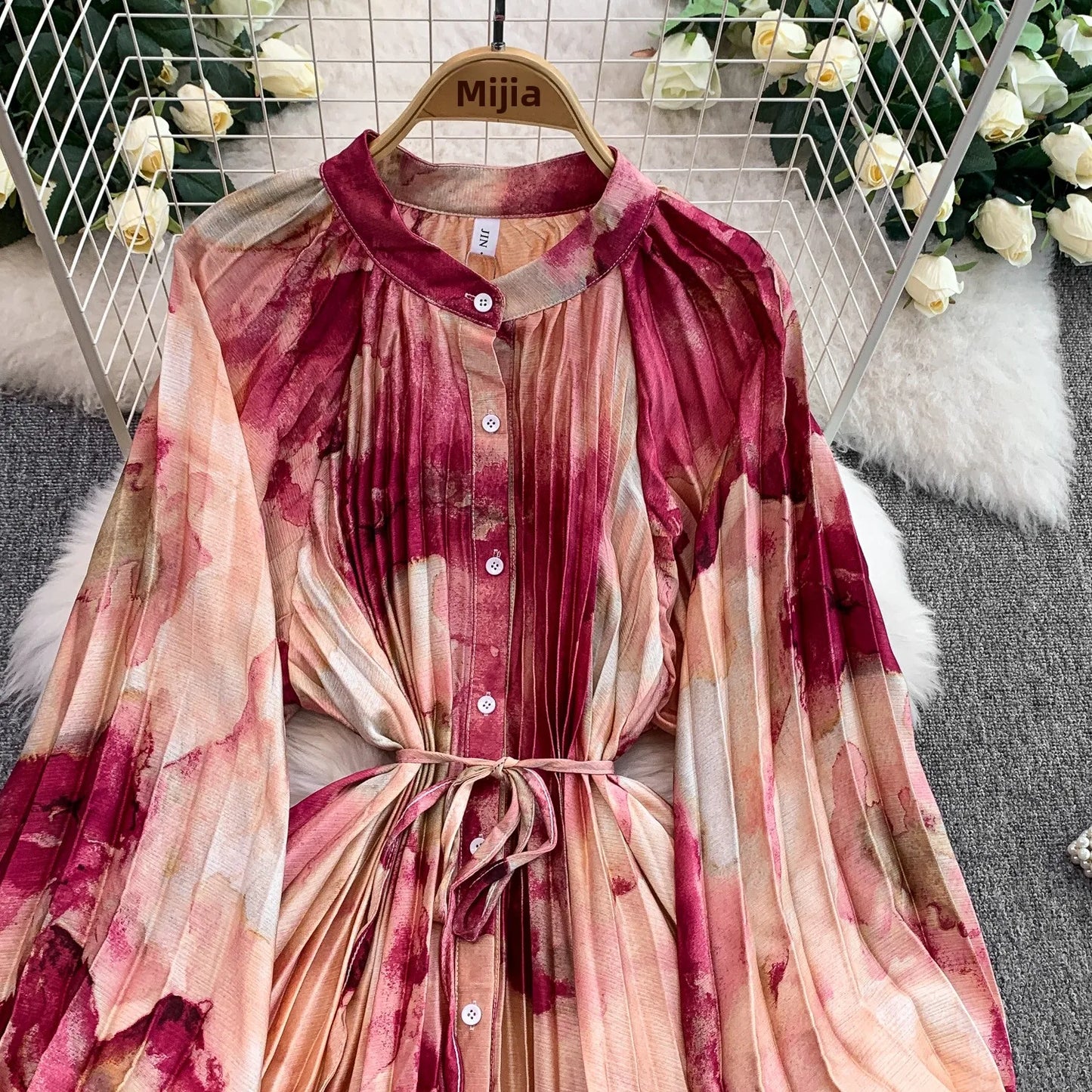 Ele Printed round Ne Lantern Sve Dr Women's Single Button Waist Cinch Maxi Skirt Long Dr Commute Sle Autumn