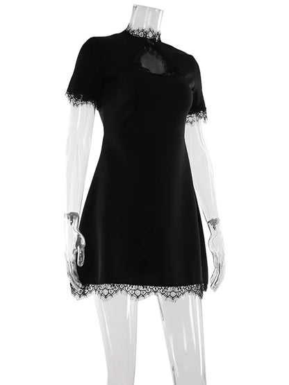 Lace Patchwork Hollow Out Bodycon Sheath High Collar Women Dresses Half Sleeves Outfits Sexy Club Fashion Female Mini Vestidos